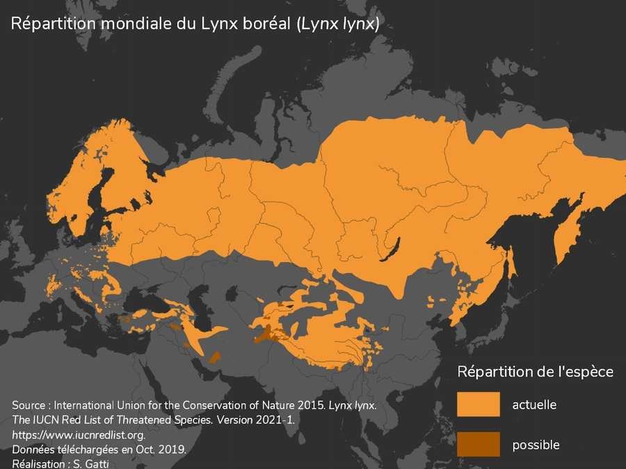 carte représentant la répartition mondiale du lynx boréal